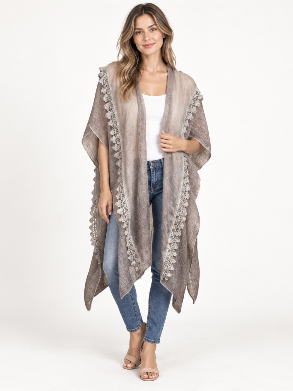 Viscose pale purple lace crochet trim kimono duster cardigan wrap
